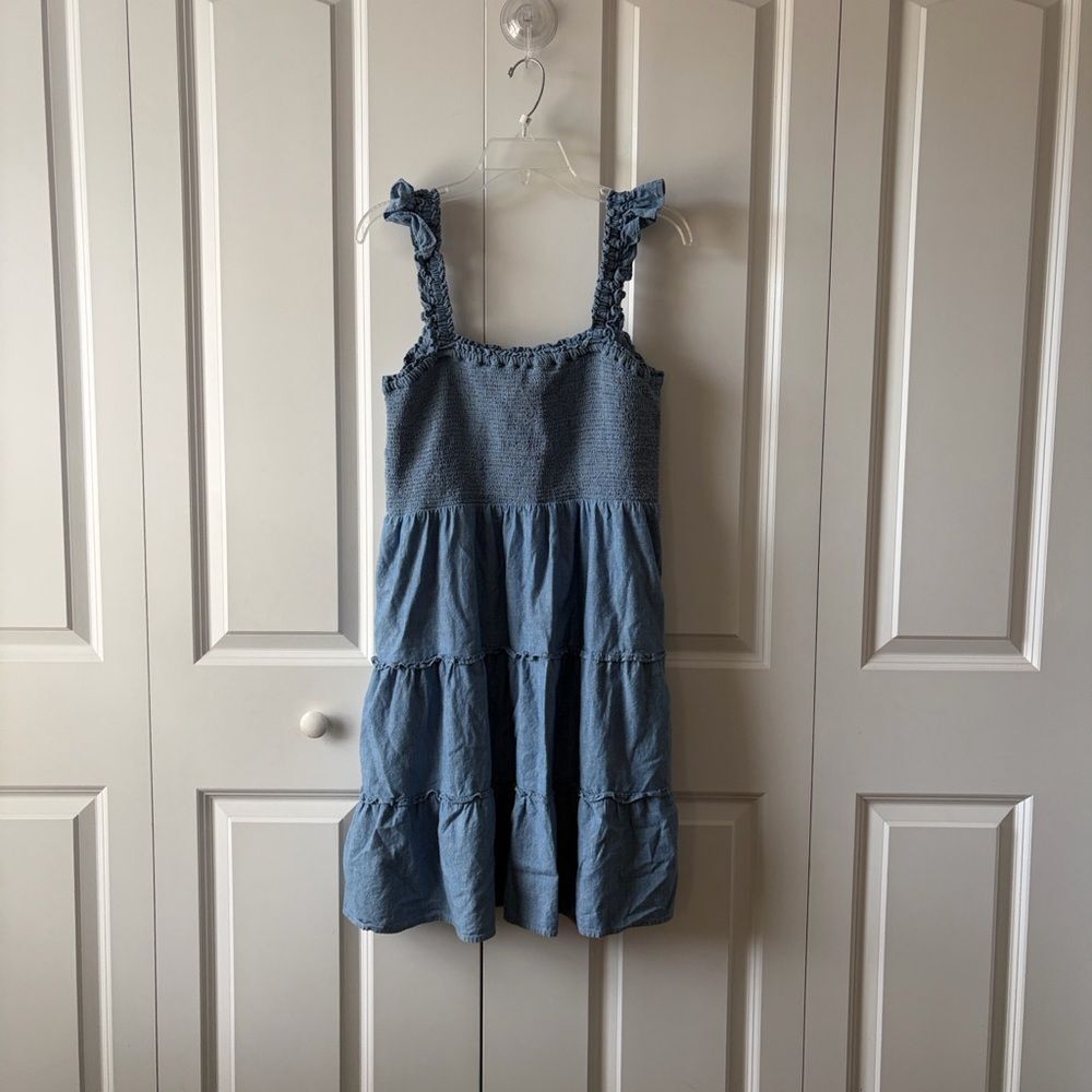 J.Crew Chambray Ruffle Mini Dress Women’s Size Large Cottage Pockets - Picture 4 of 4